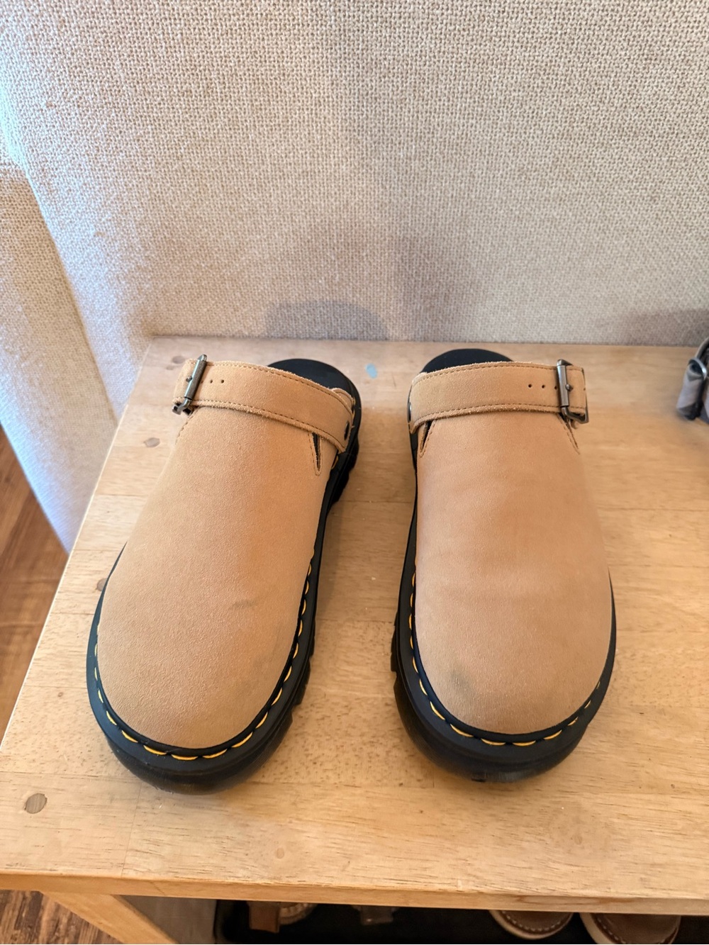 Dr. Martens Tan Suede Clog Mules with Buckle